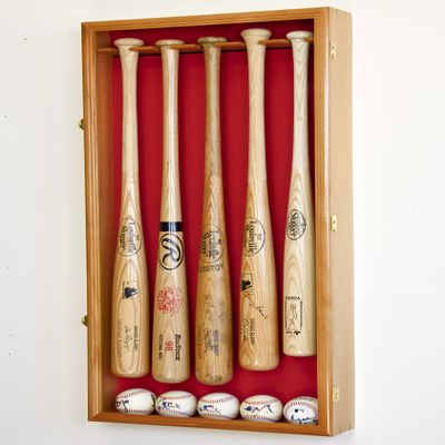 sfDisplay.com,LLC. 5 Baseball Bat Display Case Cabinet Holder Wall Rack Custom Options 98% UV - Lockable (Oak Wood Finish, Red Felt - Verticle Mounting)