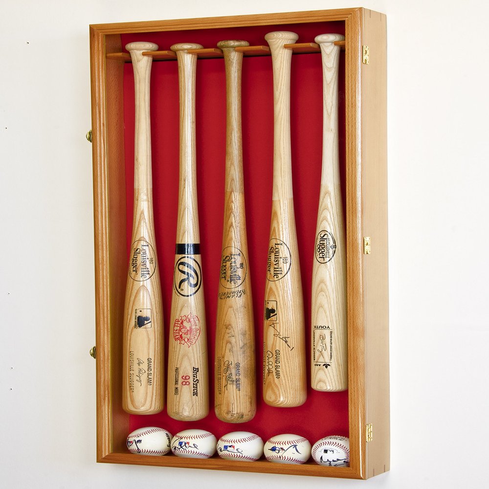 sfDisplay.com,LLC. 5 Baseball Bat Display Case Cabinet Holder Wall Rack Custom Options 98% UV - Lockable (Oak Wood Finish, Red Felt - Verticle Mounting)