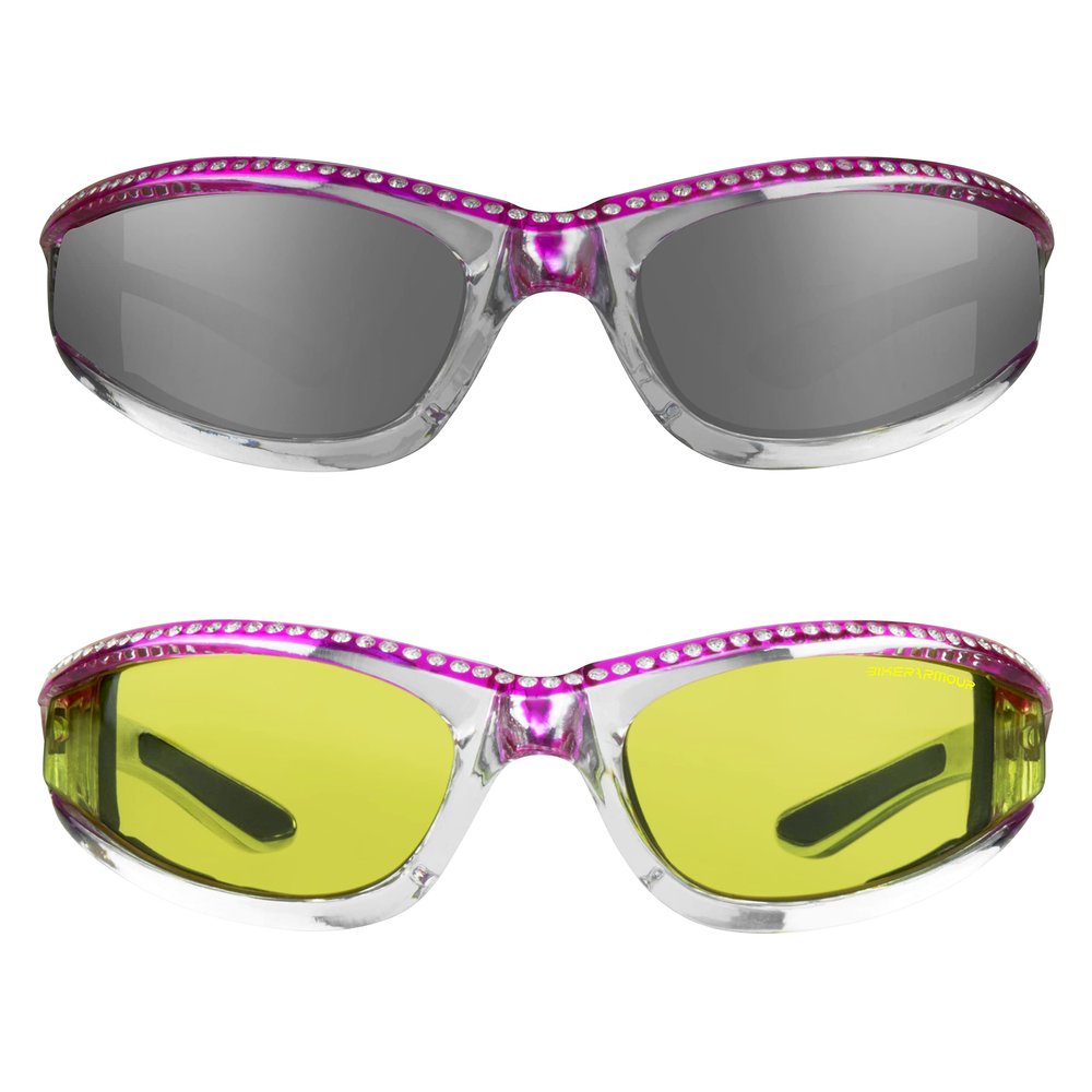 Bikershades Chrome Frame Anti Glare Mirrored Motorcycle Sunglasses with Rhinestones Foam Padded for Women (Mirror Smoke Pink + Yellow Pink Combo)