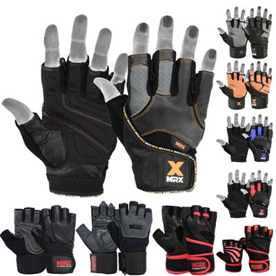 MRX Leather Weight Lifting Gym Gloves Cross Power Lifting Fitness Exercise Bodybuilding Workout with Free Bar Strap Black,Orange(Small)