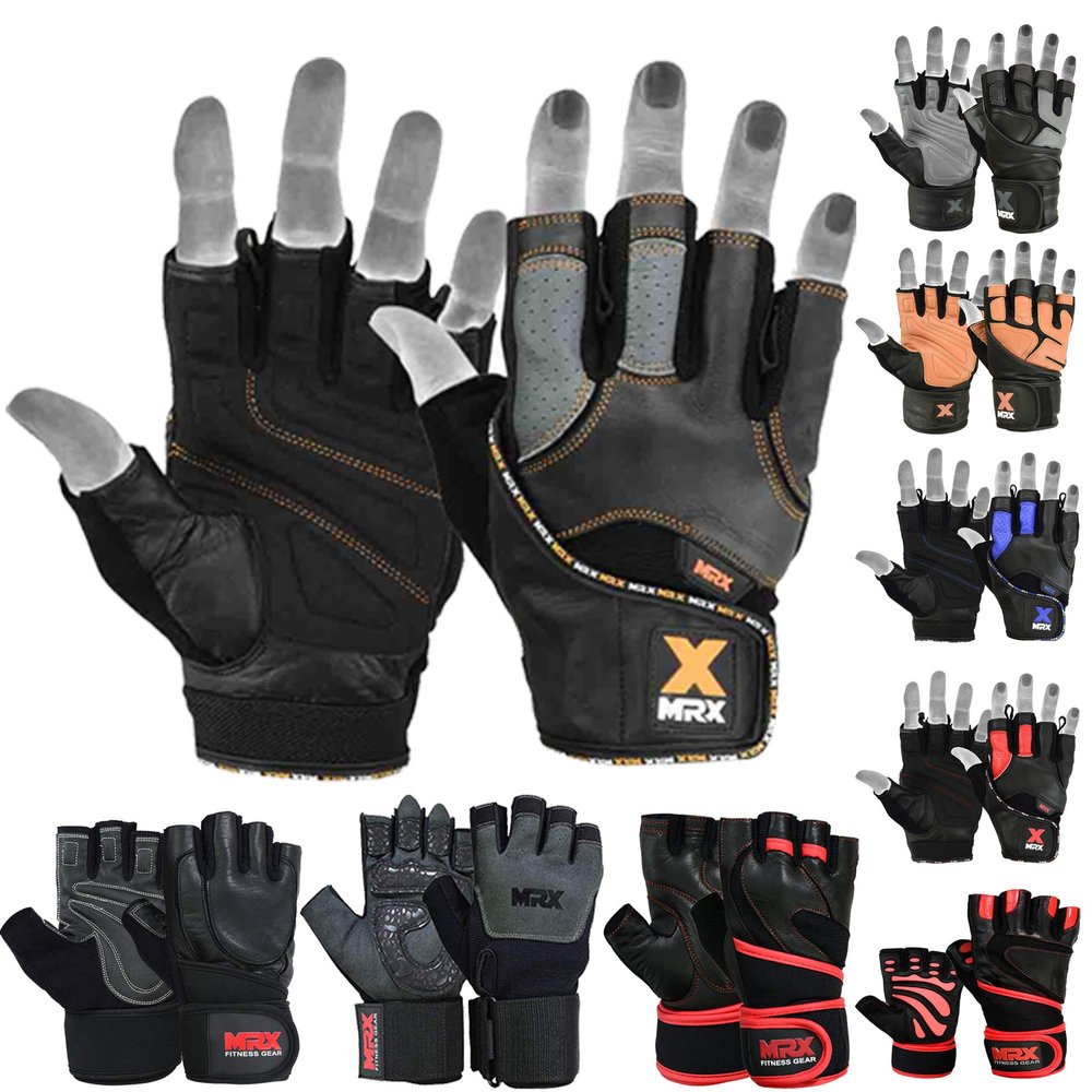 MRX Leather Weight Lifting Gym Gloves Cross Power Lifting Fitness Exercise Bodybuilding Workout with Free Bar Strap Black,Orange(Small)