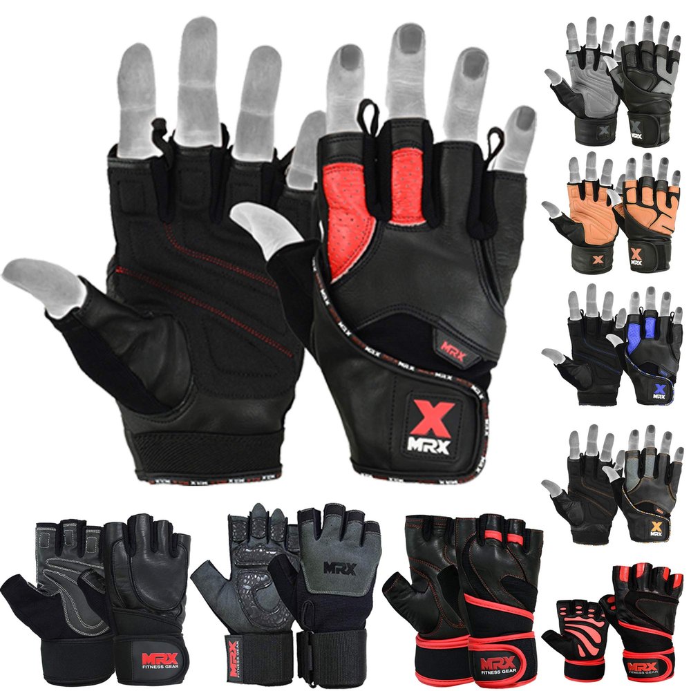 MRX Leather Weight Lifting Gym Gloves Cross Power Lifting Fitness Exercise Bodybuilding Workout with Free Bar Strap Black,Red(Small)