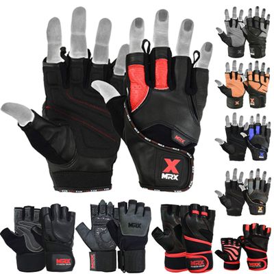 MRX Leather Weight Lifting Gym Gloves Cross Power Lifting Fitness Exercise Bodybuilding Workout with Free Bar Strap Black,Red(Medium)