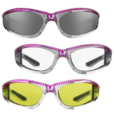 Bikershades Chrome Frame Anti Glare Mirrored Motorcycle Sunglasses with Rhinestones Foam Padded for Women (Mirror Smoke Pink + Clear Pink + Yellow Pink Combo)