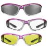 Bikershades Chrome Frame Anti Glare Mirrored Motorcycle Sunglasses with Rhinestones Foam Padded for Women (Mirror Smoke Pink + Clear Pink + Yellow Pink Combo) view 1