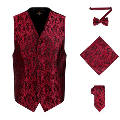 Oliver George Men's 4pc Paisley Formal Suit Vest Waistcoat Tuxedo Dress Vest Necktie Bowtie Handkerchief Set for Suit or Tuxedo Red Black Small