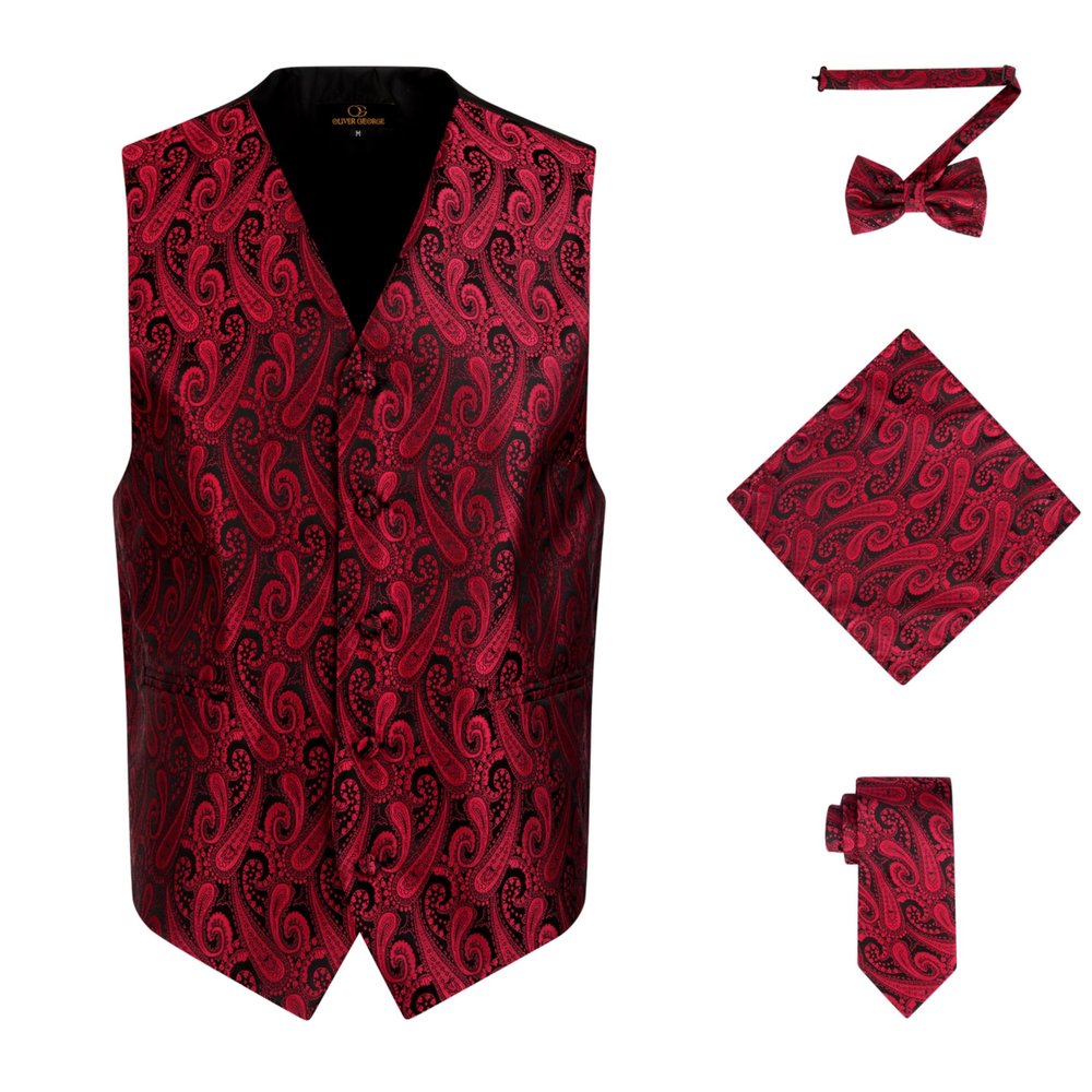 Oliver George Men's 4pc Paisley Formal Suit Vest Waistcoat Tuxedo Dress Vest Necktie Bowtie Handkerchief Set for Suit or Tuxedo Red Black Small