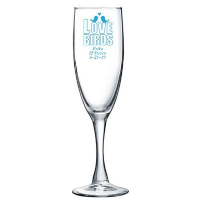 Personalized Color Printed Champagne Flute - Love Birds - Blue - 24 pack