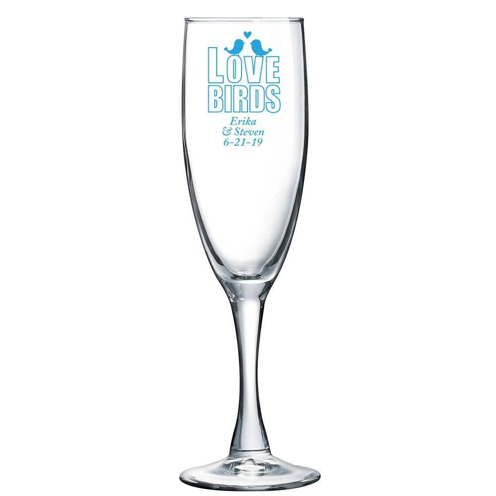 Personalized Color Printed Champagne Flute - Love Birds - Blue - 24 pack
