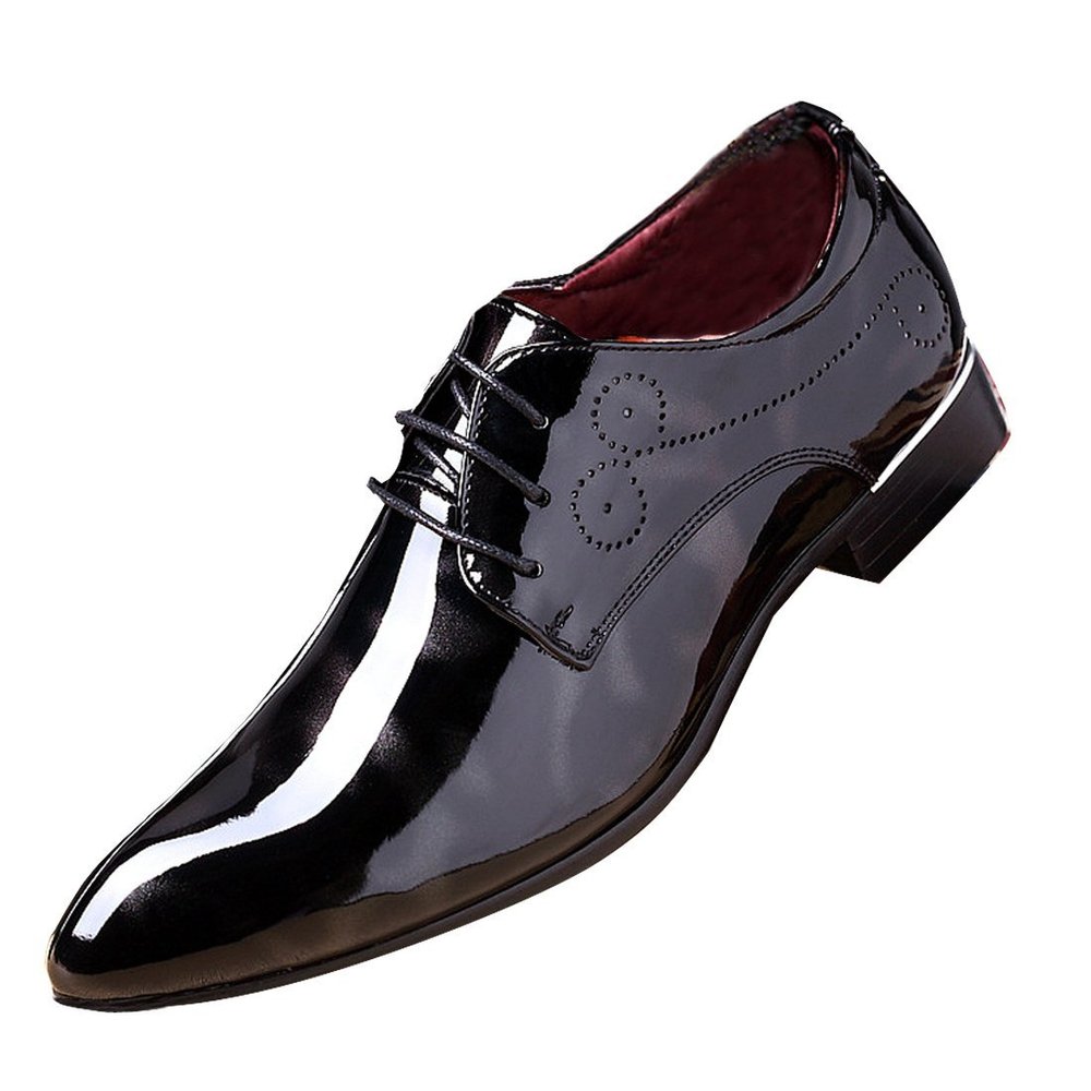 Men Fashion Dress Business Shoe Pointed Toe Floral Patent Leather Lace Up Oxford Black Brown Red Grey