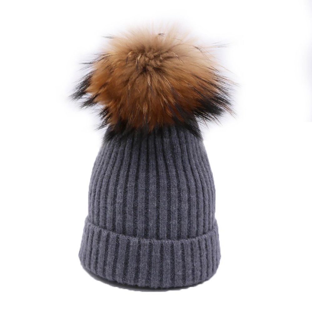 BeFur Unisex Winter Fur Ball Pom Bobble Hat Womens Knit Slouchy Beanie Cap with Raccoon Hairball Dark Gray Color