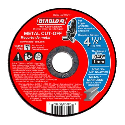 Diablo Thin Kerf Metal Cut-Off Discs - 4-1/2" Diameter, 7/8" Arbor, Type 1 Hub, 0.04" Thickness, 13280 Max RPM, 15-Pack - DBD045040115F