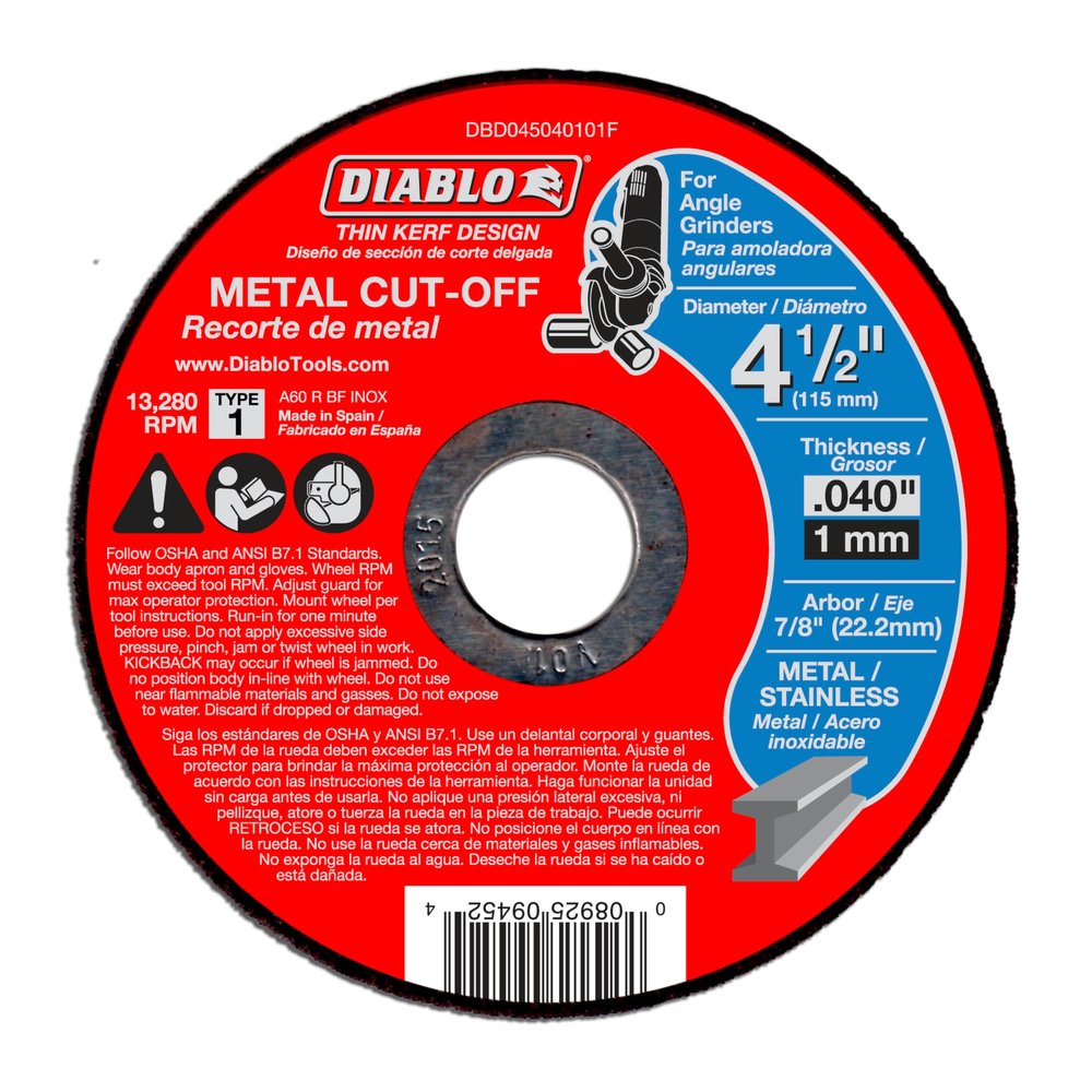 Diablo Thin Kerf Metal Cut-Off Discs - 4-1/2" Diameter, 7/8" Arbor, Type 1 Hub, 0.04" Thickness, 13280 Max RPM, 15-Pack - DBD045040115F