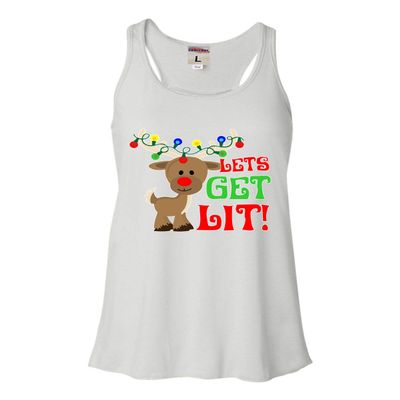 Go All Out Large White Womens Let's Get Lit Christmas Reindeer Flowy Racerback Tank Top T-Shirt