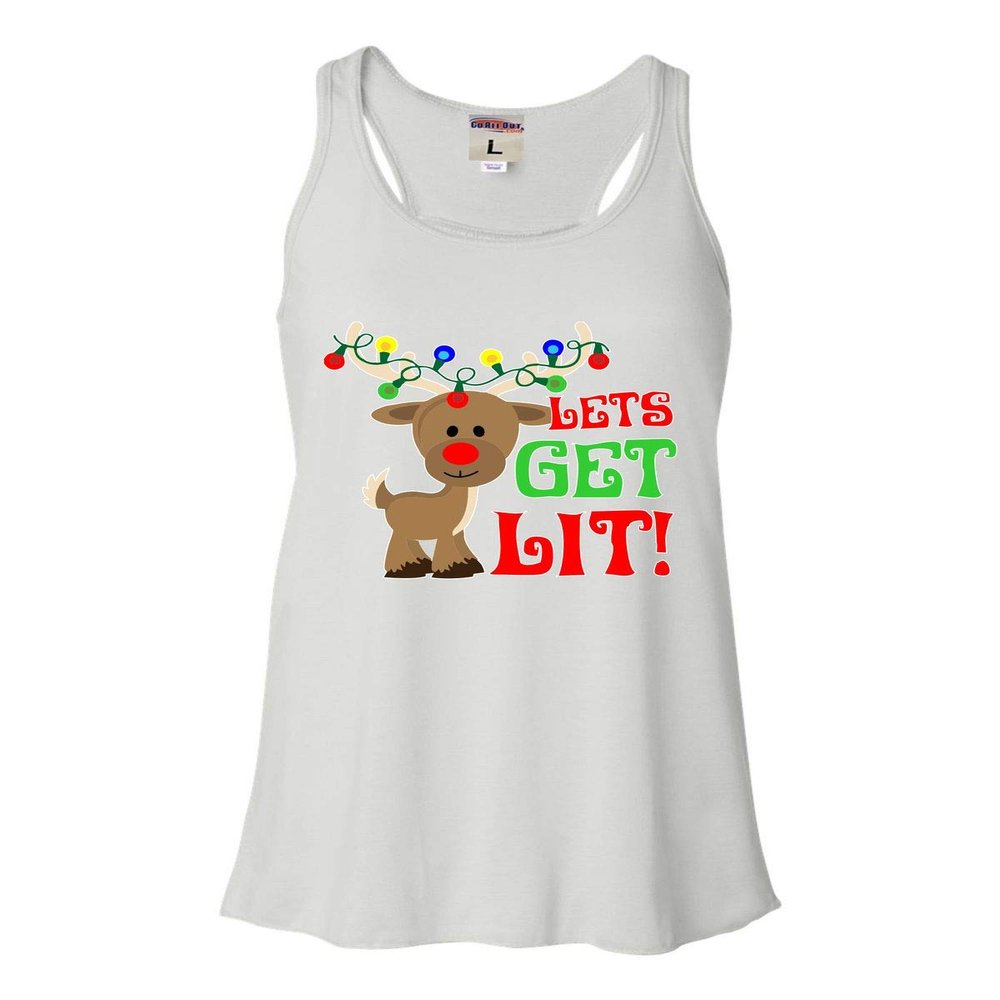 Go All Out Large White Womens Let's Get Lit Christmas Reindeer Flowy Racerback Tank Top T-Shirt
