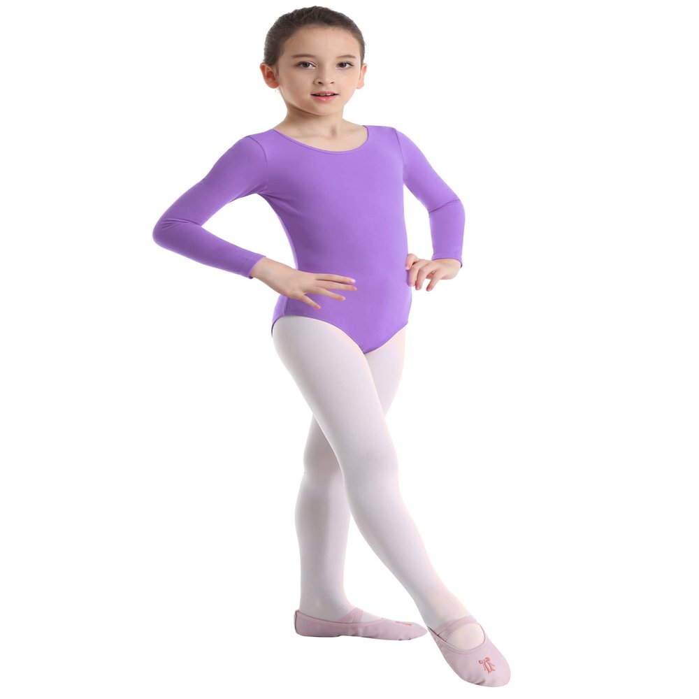 Freebily Girls Classic Long Sleeve Gymnastic Leotard Athletic Shirt Ballet Dance Top Bodysuit Front Lined Cotton T-shirt Outfit Lavender 8 Years