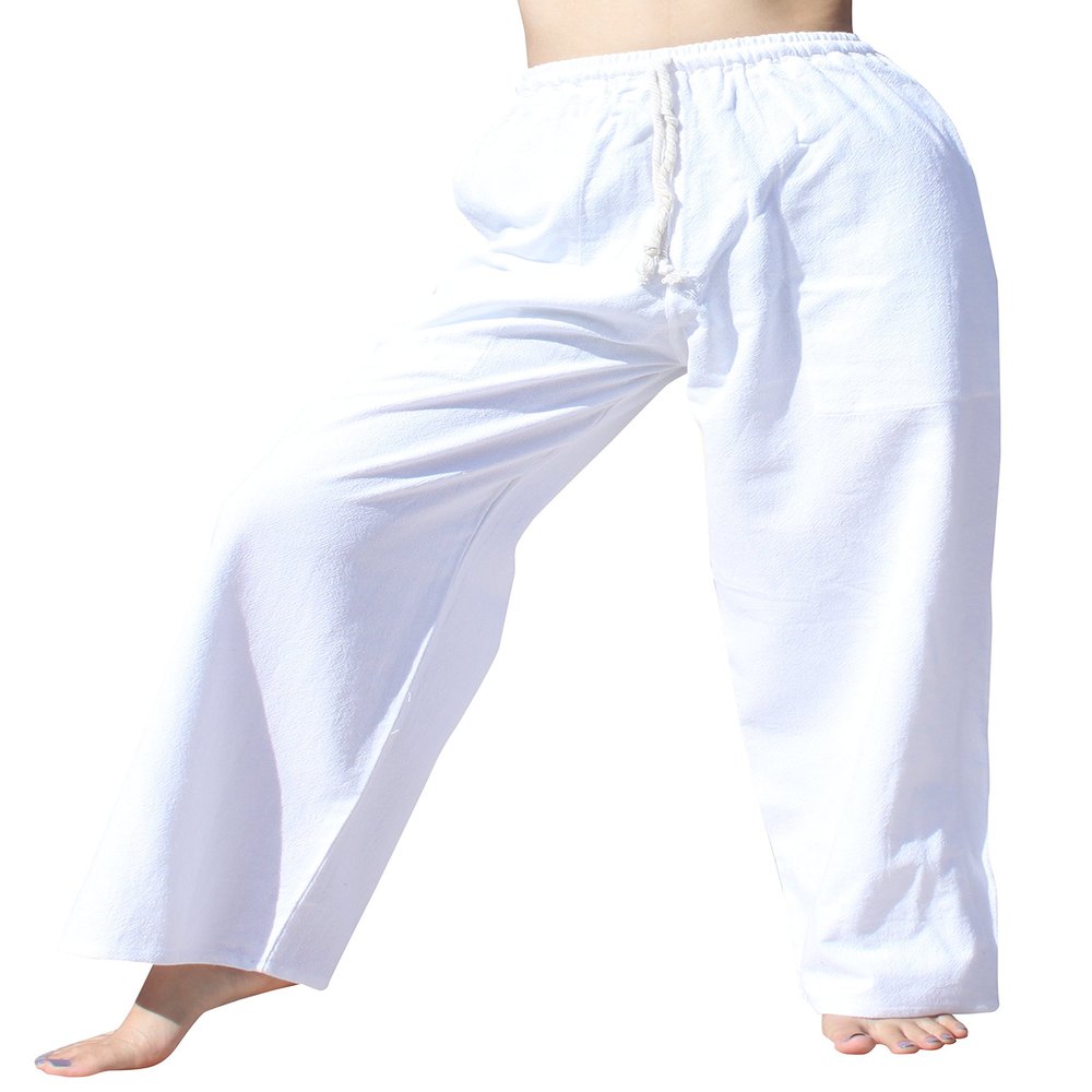 RaanPahMuang Brand Plain Thicker 100% Muang Cotton Unisex Casual Pants, Medium, White