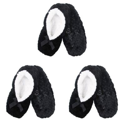 BambooMN Soft Touch Warm Cozy Fuzzy Non-Slip Lined Slip-On Slippers Socks for Adult Women, Indoor Travel House Slippers, Size Medium, Black, 3 Pairs