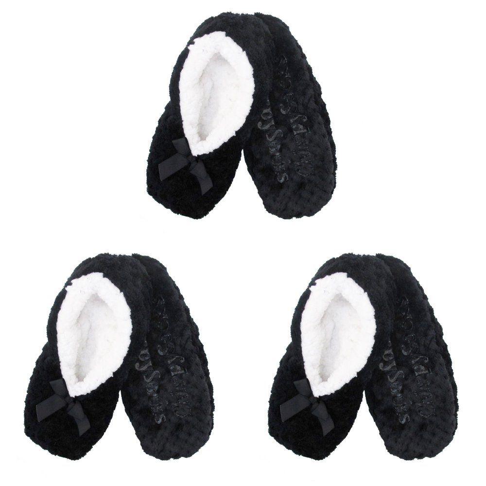 BambooMN Soft Touch Warm Cozy Fuzzy Non-Slip Lined Slip-On Slippers Socks for Adult Women, Indoor Travel House Slippers, Size Medium, Black, 3 Pairs
