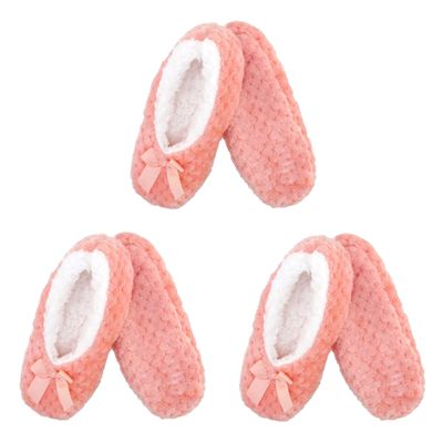 BambooMN Soft Touch Warm Cozy Fuzzy Non-Slip Lined Slip-On Slippers Socks for Adult Women, Indoor Travel House Slippers, Size Large, Pink, 3 Pairs