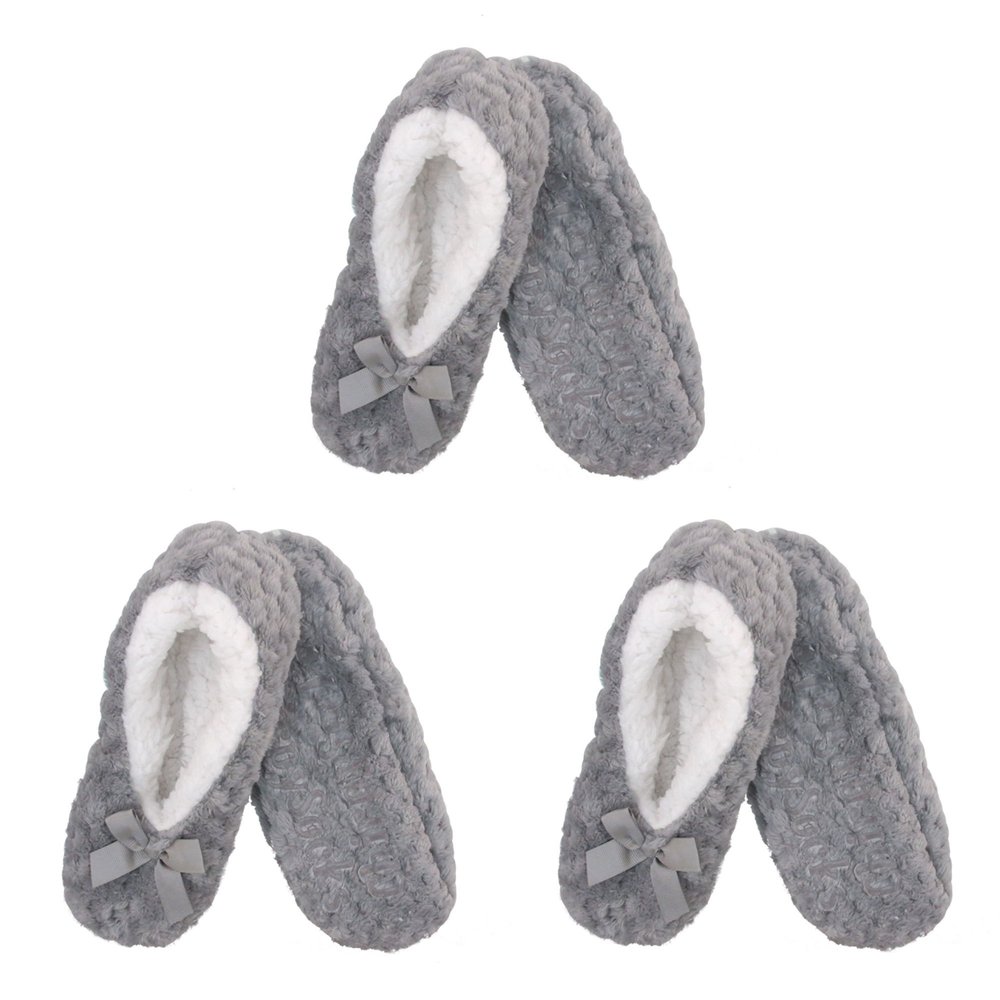BambooMN Soft Touch Warm Cozy Fuzzy Non-Slip Lined Slip-On Slippers Socks for Adult Women, Indoor Travel House Slippers, Size Large, Grey, 3 Pairs