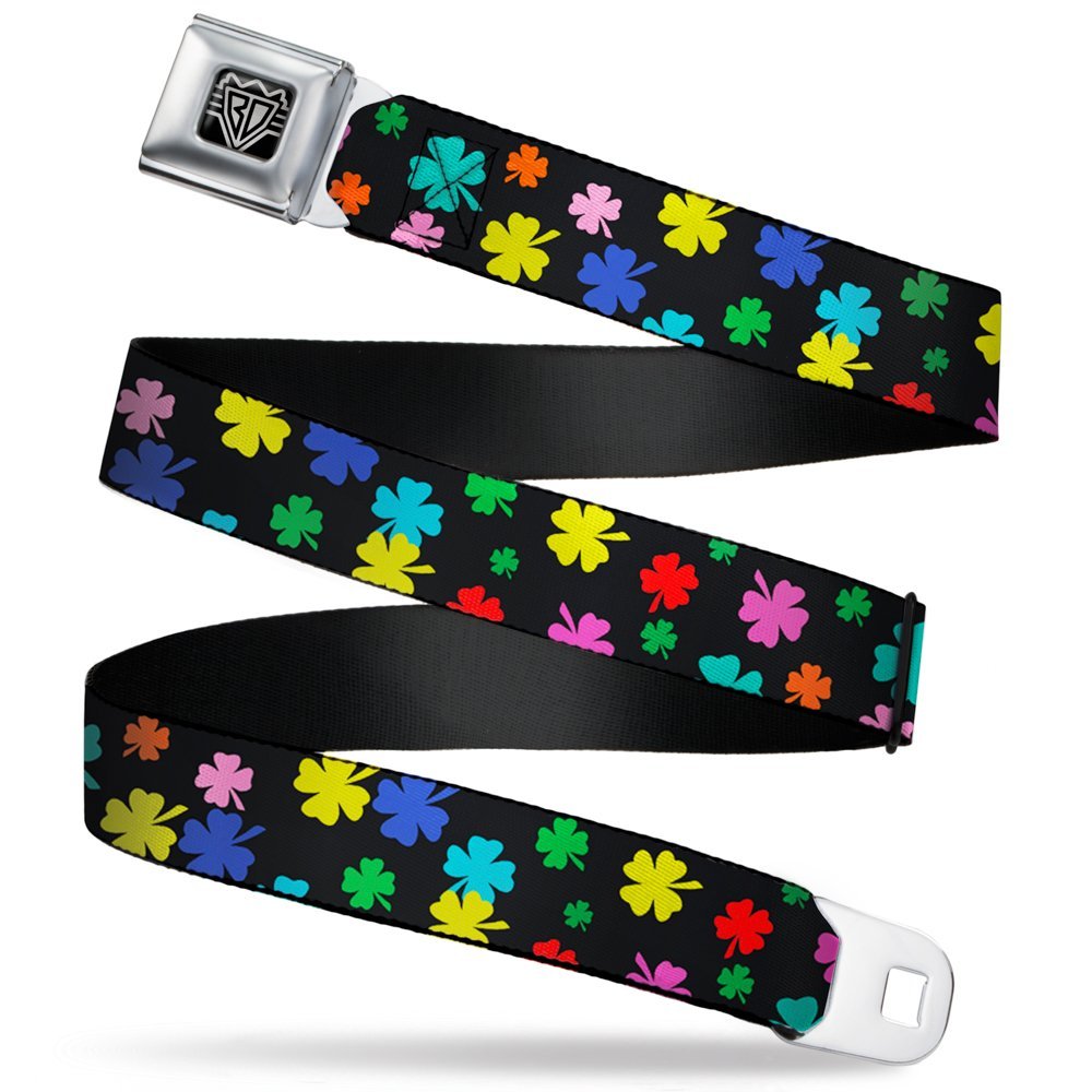 Buckle-Down Seatbelt Belt - Four-Leaf Clovers Scattered Black/Multi Color - 1.0" Wide - 20-36 Inches in Length