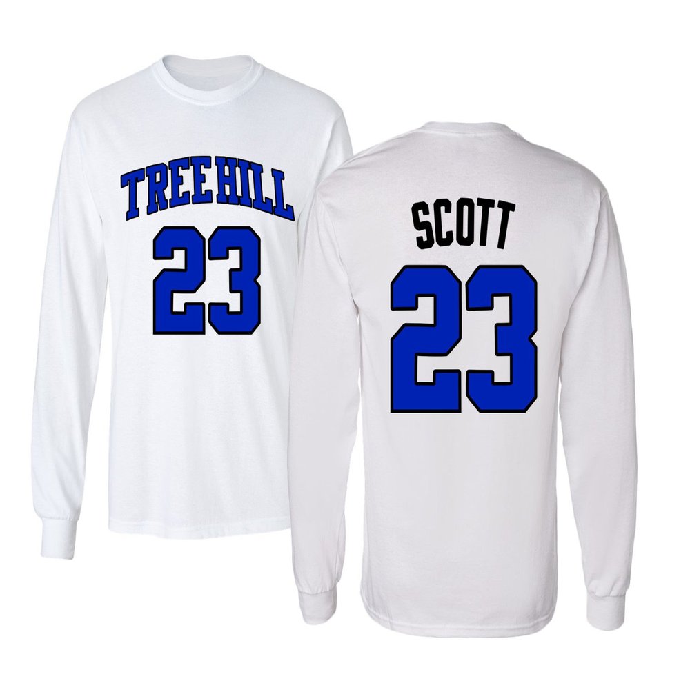 KINGS SPORTS Ravens Basketball Movie #23 Nathan Scott One Tree Hill Jersey Style Men's Long Sleeve T Shirt (White,XL)