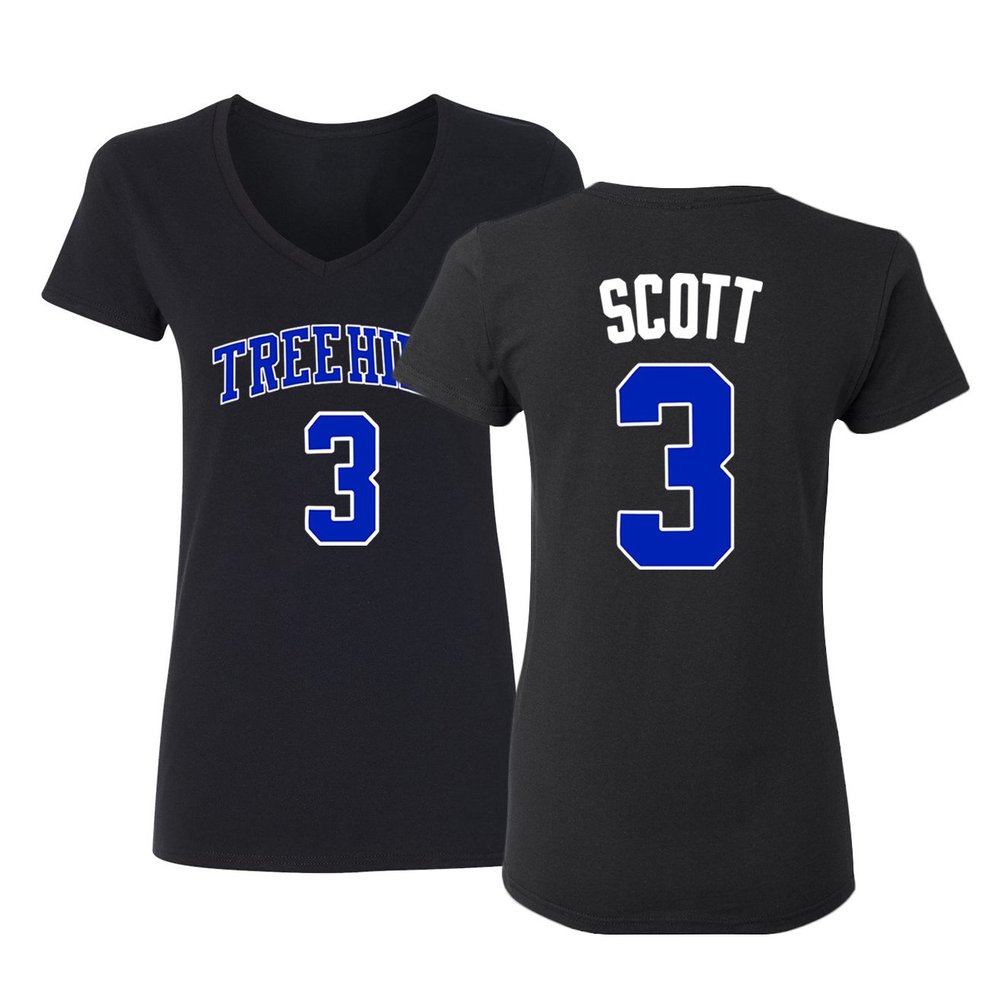 KINGS SPORTS Ravens Basketball Movie #3 Lucas Scott One Tree Hill Jersey Style Women's V-Neck T Shirt (Black,XL)