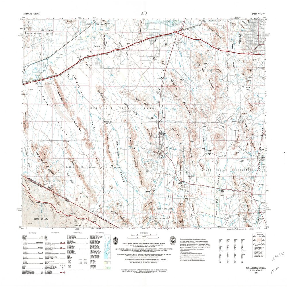 YellowMaps AJO AZ topo map, 1:250000 Scale, 1 X 2 Degree, Historical, 1982, Updated 1982, 24.1 x 35.1 in - Tyvek