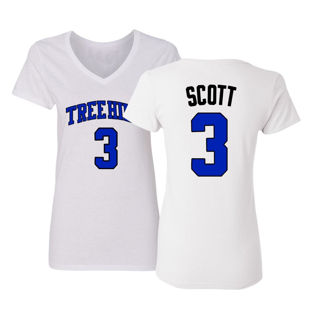 KINGS SPORTS Ravens Basketball Movie #3 Lucas Scott One Tree Hill Jersey Style Women's V-Neck T Shirt (White,S)