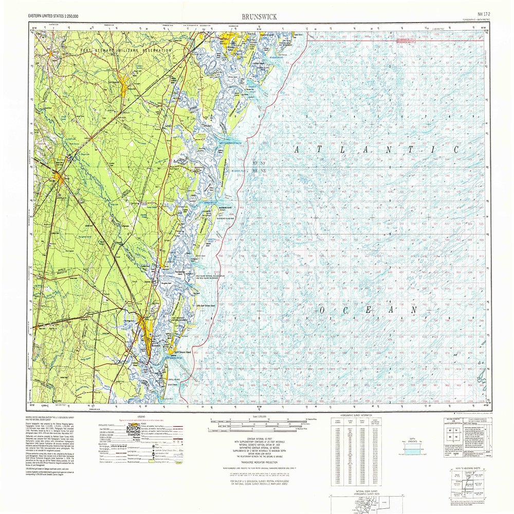 YellowMaps Brunswick GA topo map, 1:250000 Scale, 1 X 2 Degree, Historical, 1978, 24.1 x 34 in - Tyvek