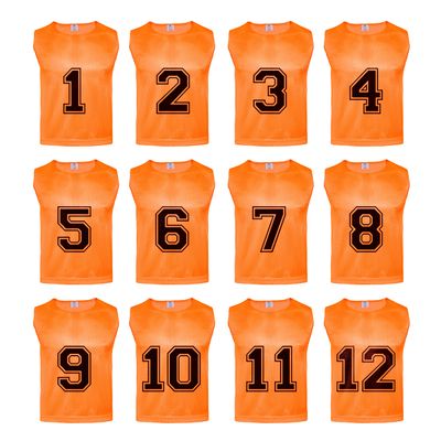 Athllete Youth Scrimmage Vest - Numbered 12 Pack Soccer Pinnies, Flame Orange, Medium
