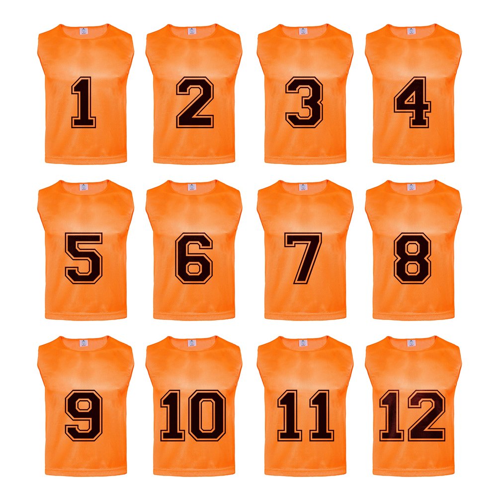 Athllete Youth Scrimmage Vest - Numbered 12 Pack Soccer Pinnies, Flame Orange, Medium