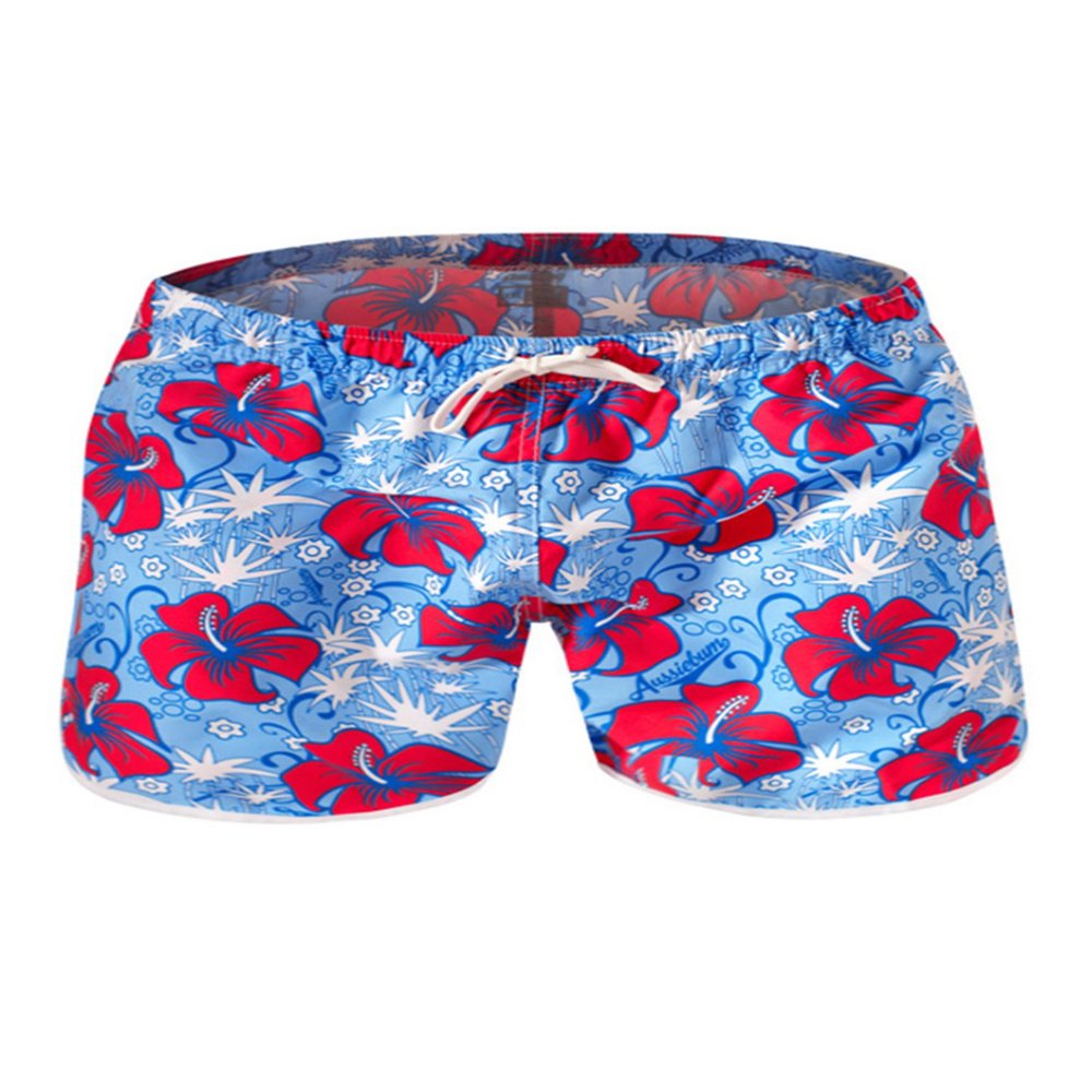 Letuwj Mens Quick-Drying Swimwear Printed Tropical Style Beach Shorts Light Blue+Red Large