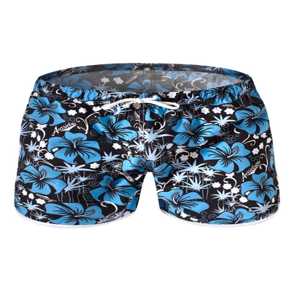 Letuwj Mens Quick-Drying Swimwear Printed Tropical Style Beach Shorts Blue+Black Large