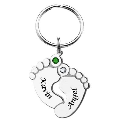 Ouslier 925 Sterling Silver Personalized Baby Feet Keychain with Birthstone Custom Made with Any Names (Style 2)