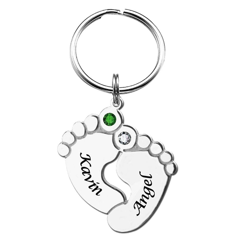 Ouslier 925 Sterling Silver Personalized Baby Feet Keychain with Birthstone Custom Made with Any Names (Style 2)