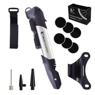 VeloChampion Mini Bike Pump with Frame Mount | Portable Compact Alloy Bicycle Pump with Frame Mount | Presta, Schrader & Dunlop Valves | for Road, Mountain, E-Bike (Alloy 9 Pump + Patches 6pk)