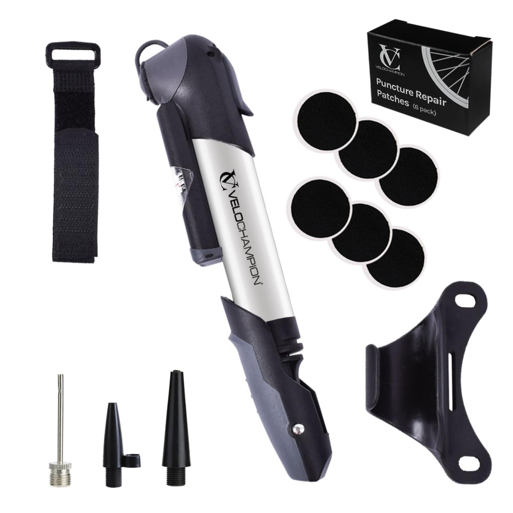 VeloChampion Mini Bike Pump with Frame Mount | Portable Compact Alloy Bicycle Pump with Frame Mount | Presta, Schrader & Dunlop Valves | for Road, Mountain, E-Bike (Alloy 9 Pump + Patches 6pk)