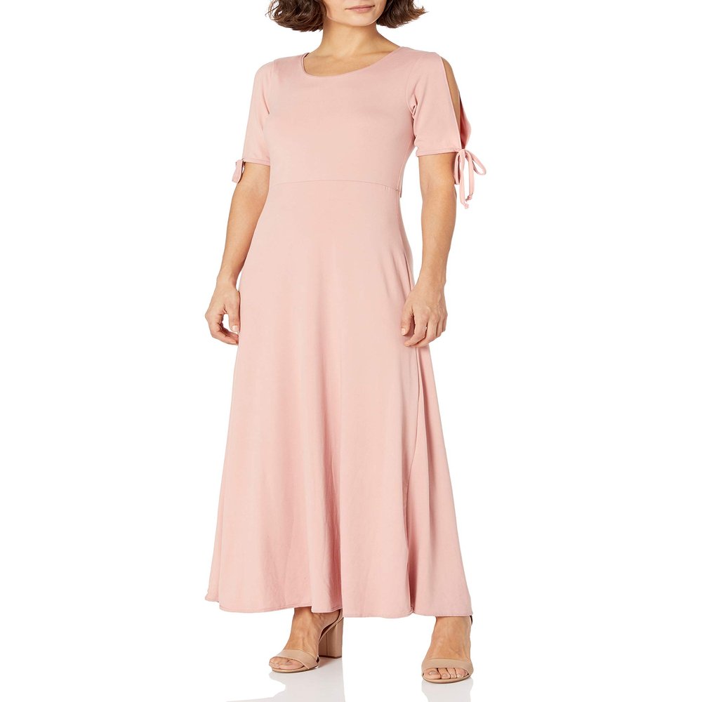 Star Vixen Women's Petite Petite Short/Slit Sleeve Keyhole-Back Skater Seam Maxidress Dress, Solid Mauve, PL