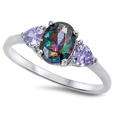Rainbow Simulated Topaz Heart Modern Deco Ring New .925 Sterling Silver Band Size 12