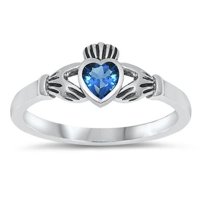 Blue Simulated Sapphire Claddagh Heart Love Ring .925 Sterling Silver Band Size 8