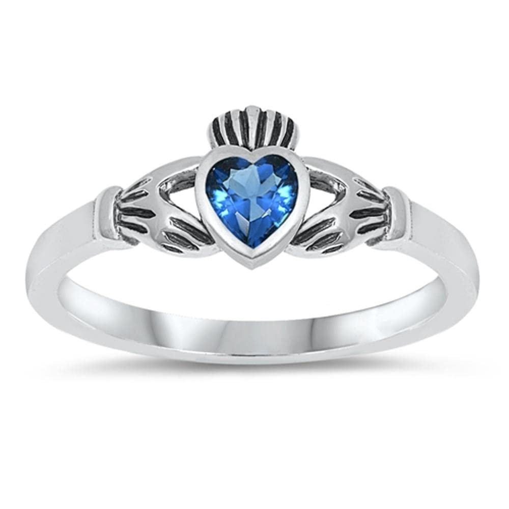 Blue Simulated Sapphire Claddagh Heart Love Ring .925 Sterling Silver Band Size 8