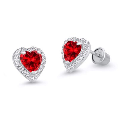 925 Sterling Silver Rhodium Plated Dark Red Heart Cubic Zirconia Screwback Baby Girls Earrings
