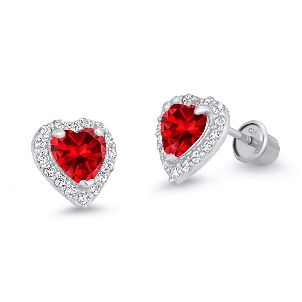 925 Sterling Silver Rhodium Plated Dark Red Heart Cubic Zirconia Screwback Baby Girls Earrings