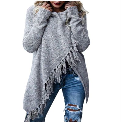 Women's Open Front Knited Tassels Slash Loose Cardigan Crew Neck Speckled Fringe Sweater Outwear Light Grey