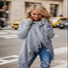 Women's Open Front Knited Tassels Slash Loose Cardigan Crew Neck Speckled Fringe Sweater Outwear Light Grey view 2