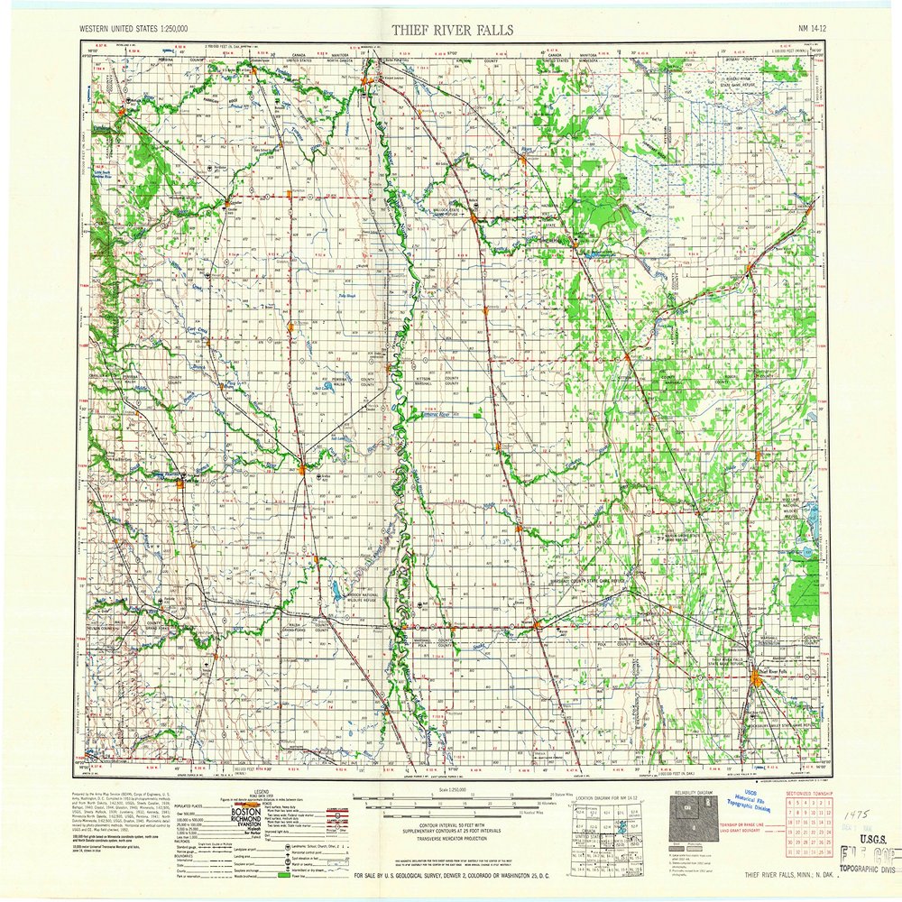 YellowMaps Thief River Falls MN topo map, 1:250000 Scale, 1 X 2 Degree, Historical, 1967, Updated 1967, 22.3 x 28.8 in - Tyvek