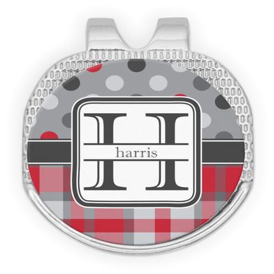 RNK Shops Personalized Red & Gray Dots and Plaid Golf Ball Marker - Hat Clip - Silver