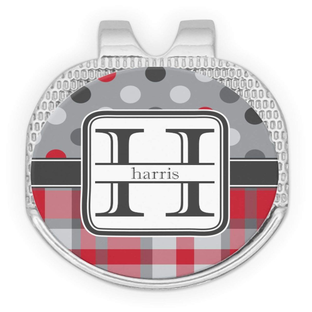 RNK Shops Personalized Red & Gray Dots and Plaid Golf Ball Marker - Hat Clip - Silver